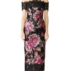 Marchesa Black and Pink Floral Maxi Dress